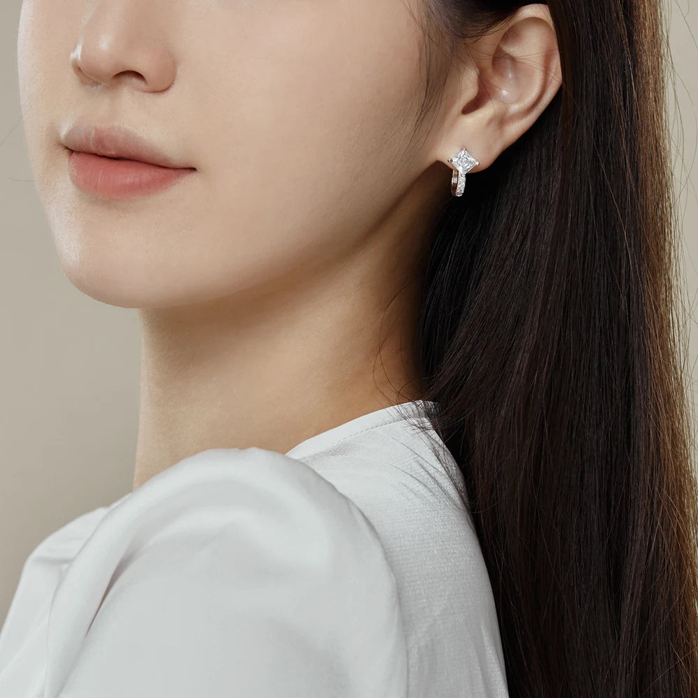 Silver Zircon Princess Cut Classic Huggie Earrings