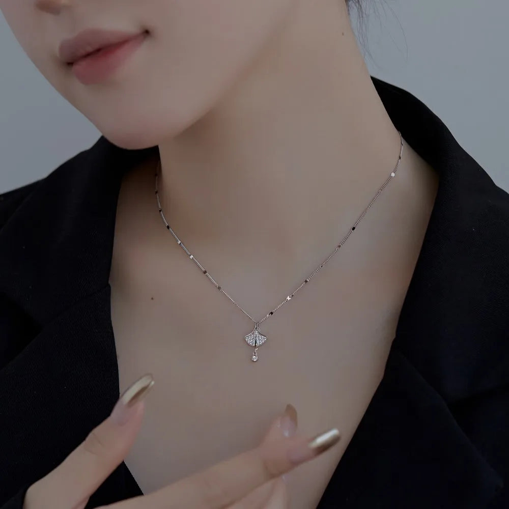 Silver Zircon Round Cut Ginkgo Leaf Pendant Necklace