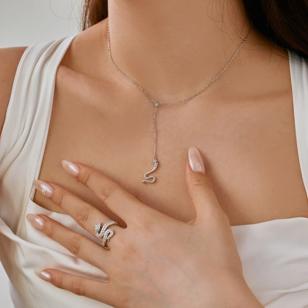 Silver Zircon Round Cut Tassel Snake Pendant Necklace