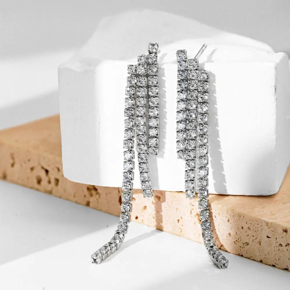 Silver Zircon Round Cut Cubic Tassel Drop Earrings