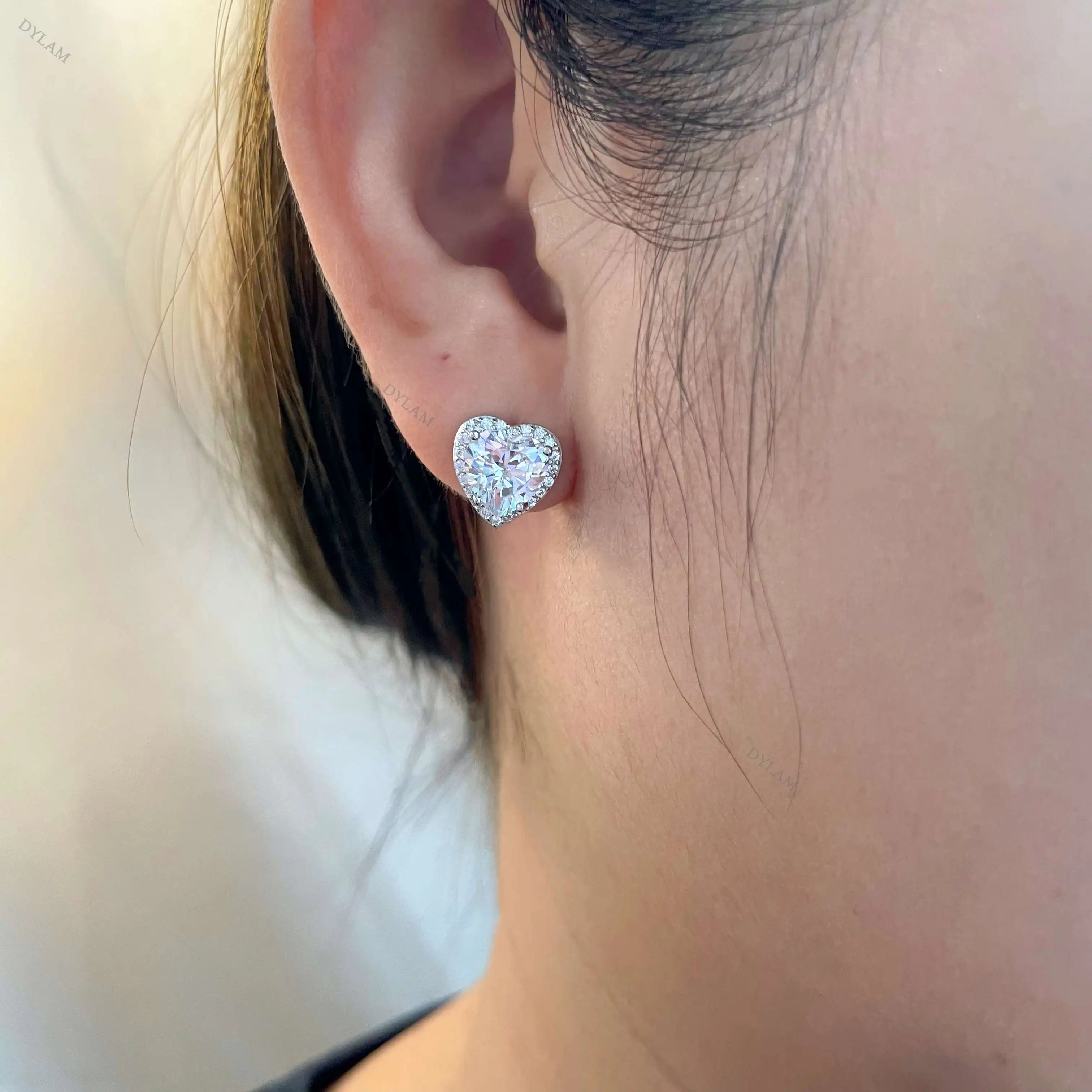 Silver Zircon Heart Cut Big Inlaid Halo Ear Studs
