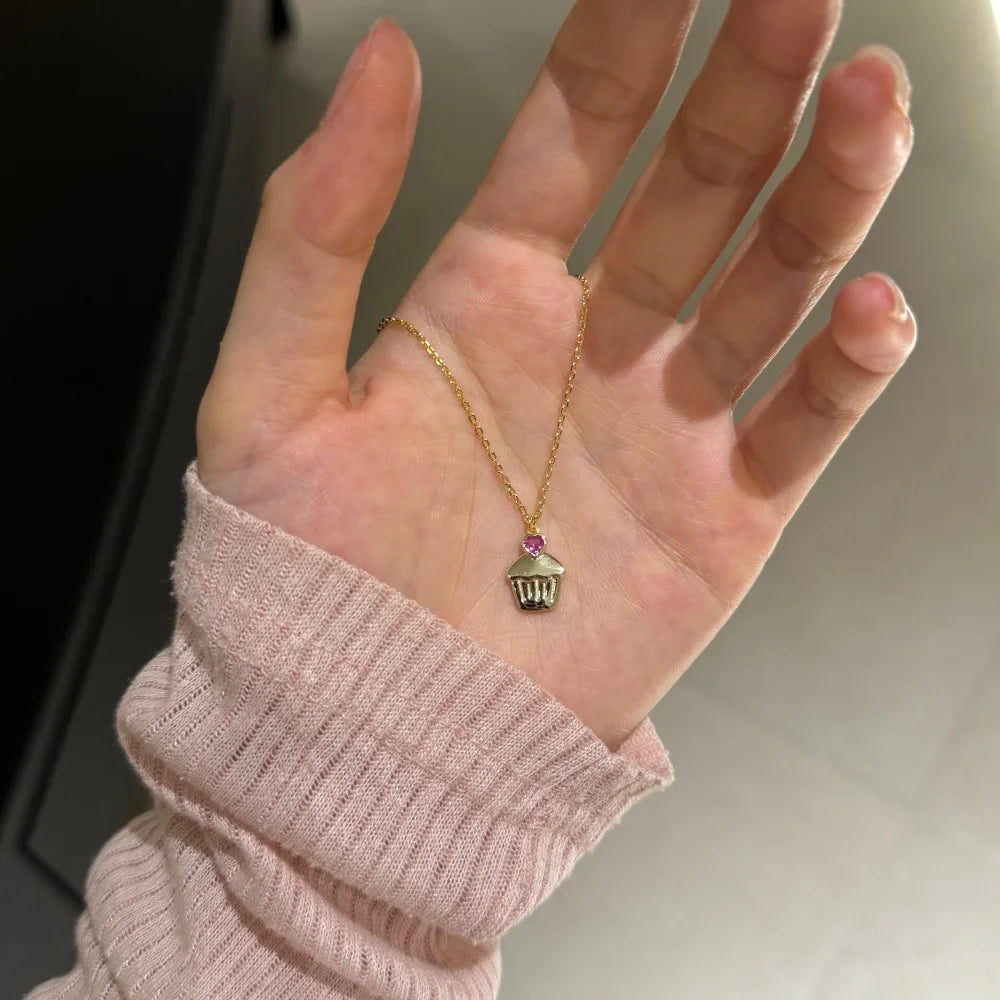 Silver Zircon Heart Cut Cupcake Pendant Necklace