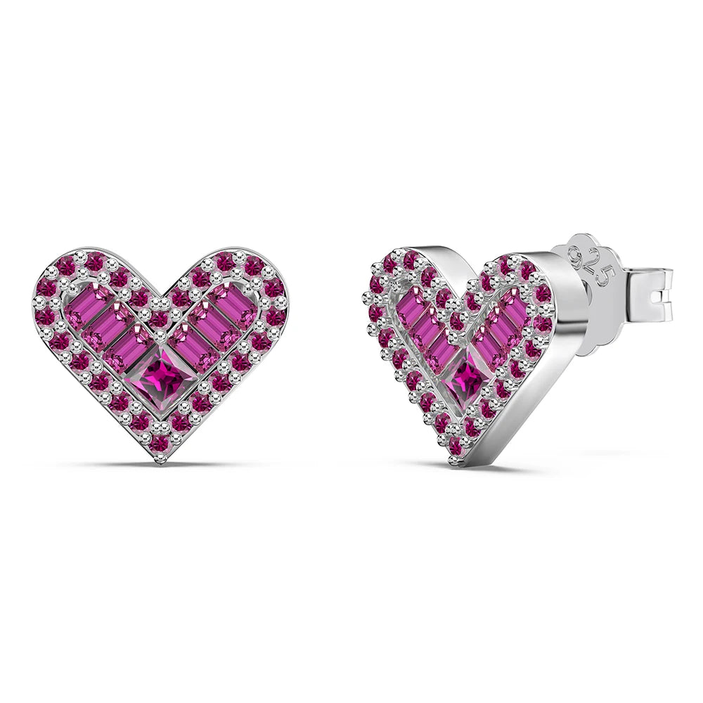 Silver Zircon Princess Cut Inlaid Heart Ear Studs