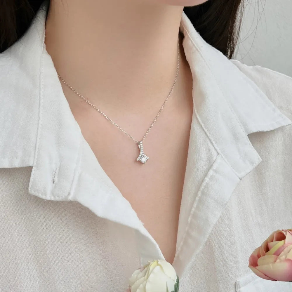 Silver Zircon Round Cut Looped Ribbon Pendant Necklace