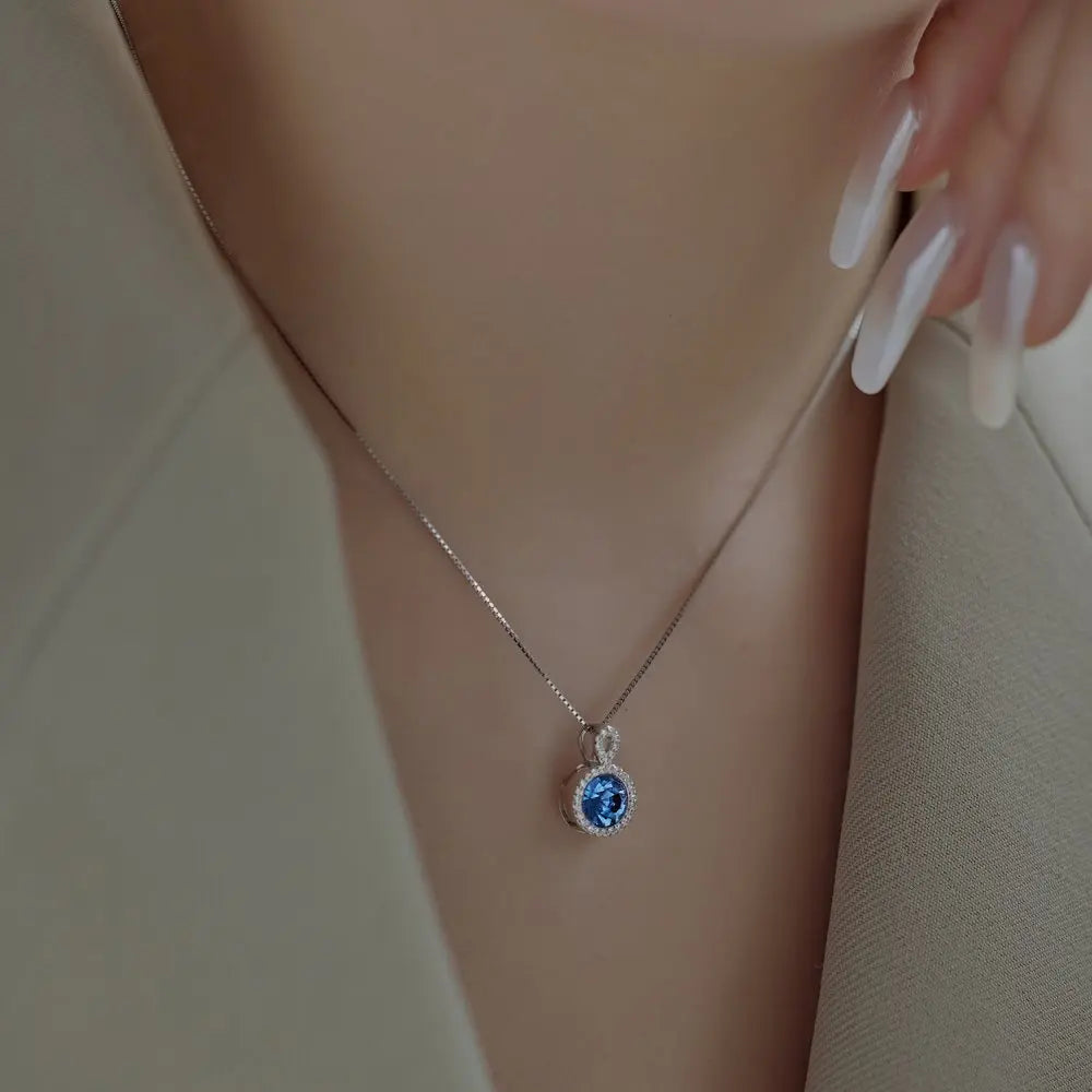 Silver Zircon Round Cut Circle Halo Pendant Necklace
