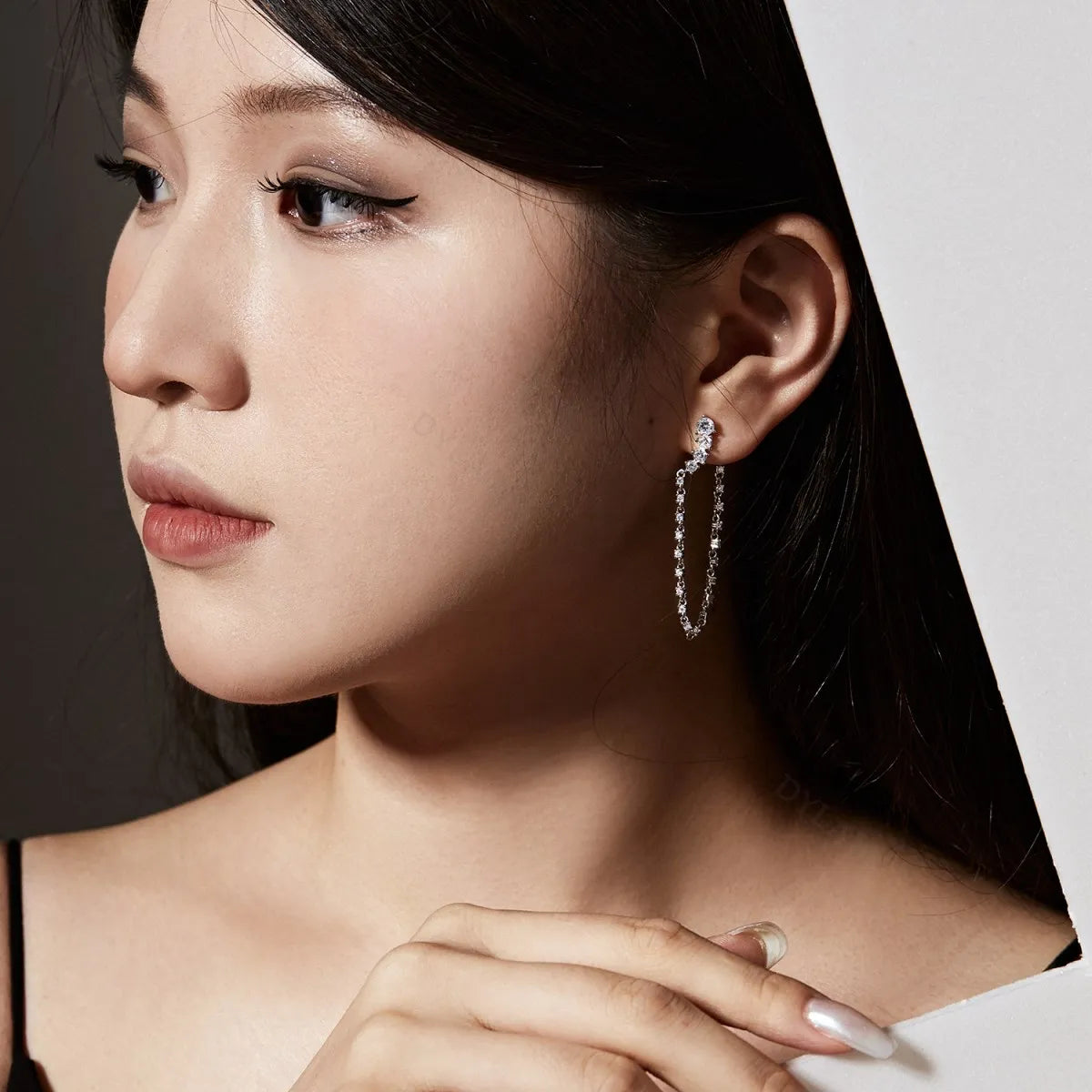 Silver Zircon Round Cut Dangle Tassel Drop Earrings