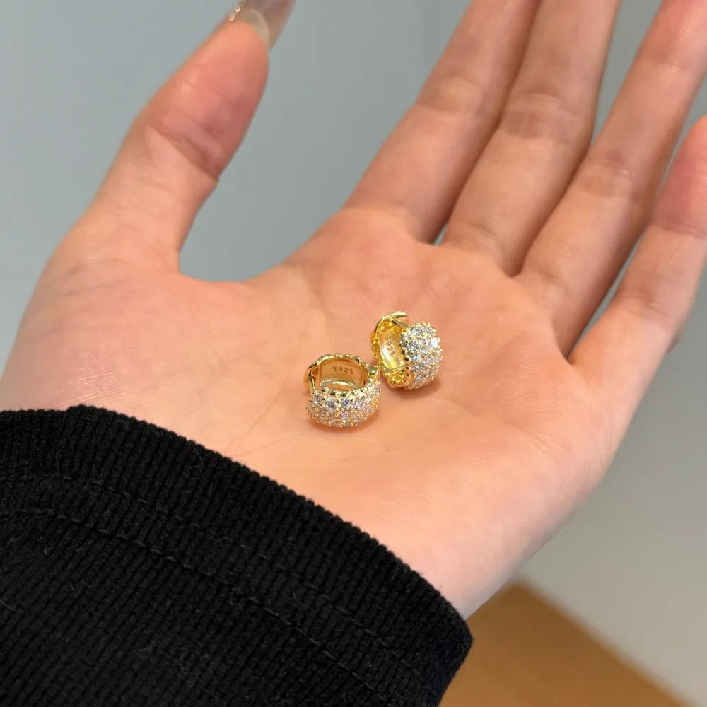 Silver Zircon Round Cut Iced Chunky Ear Hoops