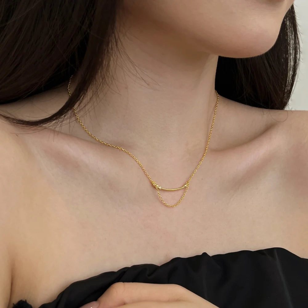 Silver Zircon Round Cut Smile Chain Necklace