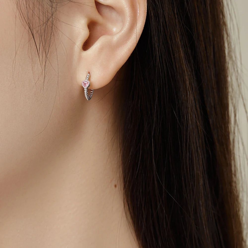 Silver Zircon Heart Cut Twisted Ear Hoops