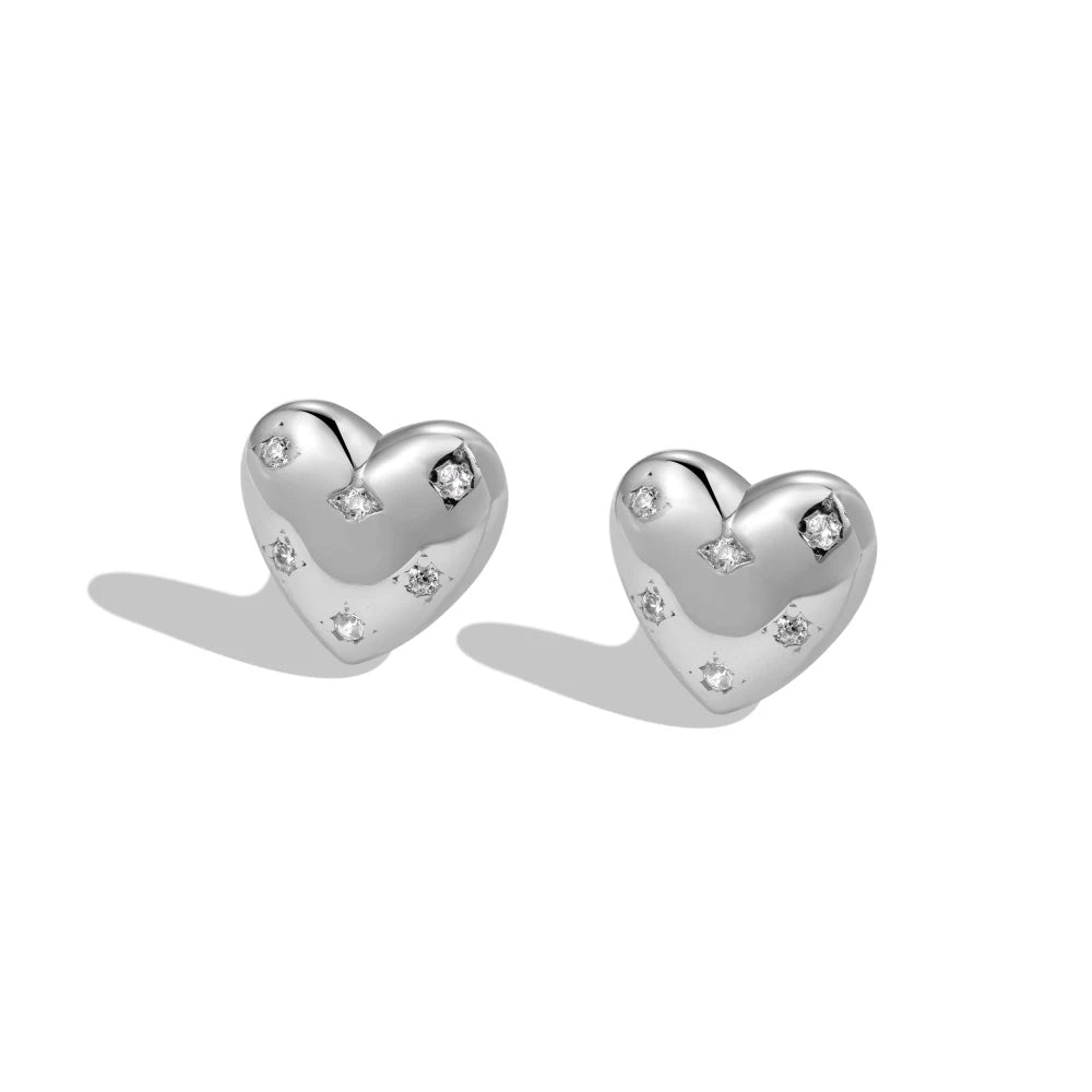 Silver Zircon Round Cut Inlaid Heart Ear Studs