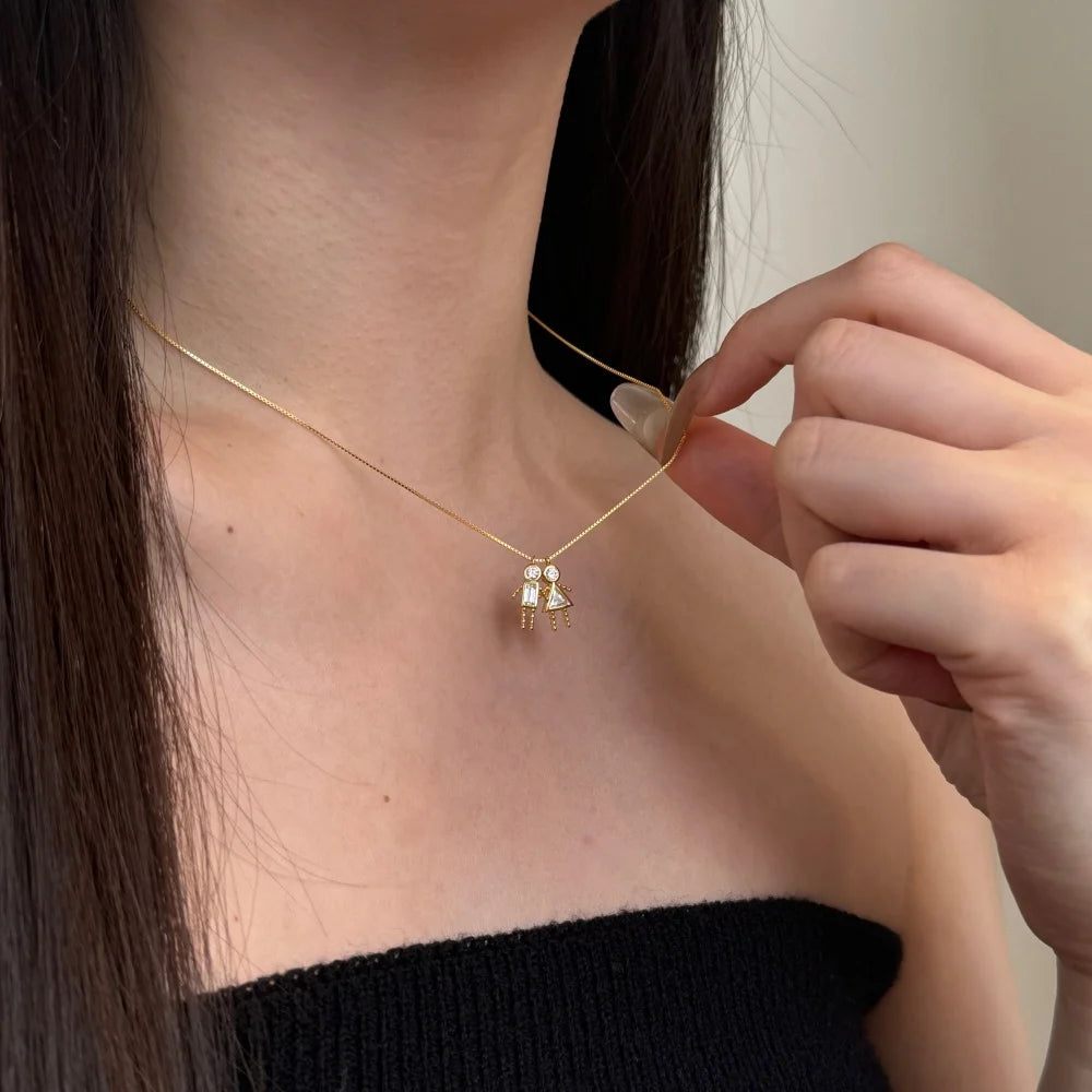 Silver Zircon Triangle Cut Girl & Boy Pendant Necklace