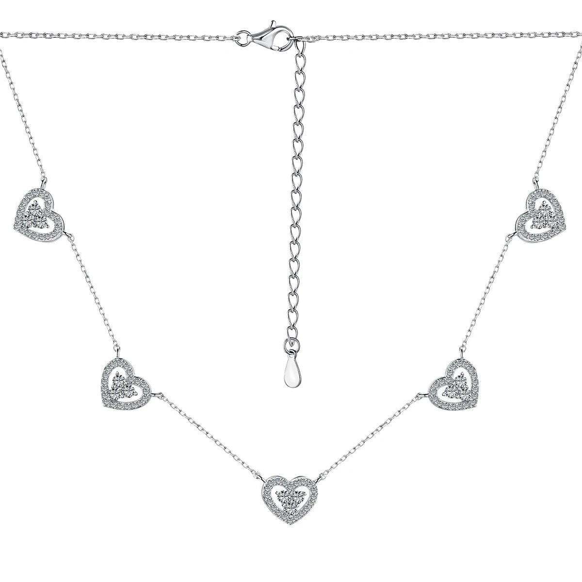 Silver Zircon Round Cut Heart Chain Necklace