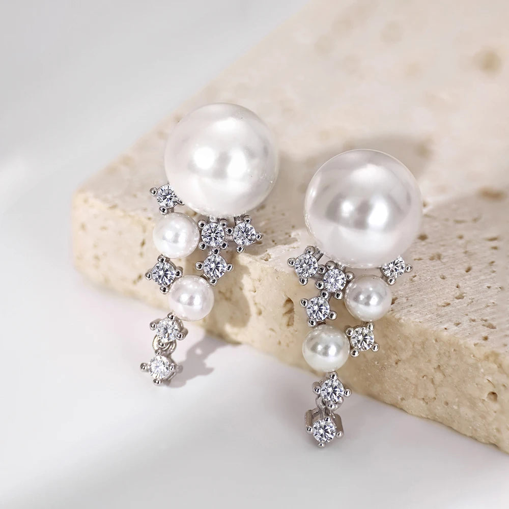 Silver Pearl Iced Dangle Drop Earrings
