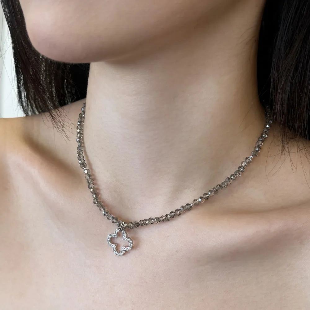 Silver Zircon Round Cut Clover Beaded Necklace