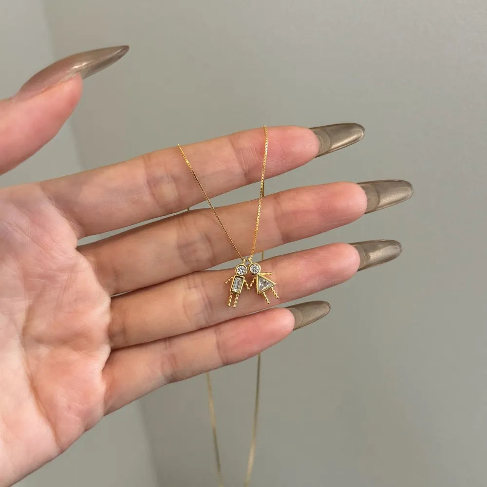 Silver Zircon Triangle Cut Girl & Boy Pendant Necklace