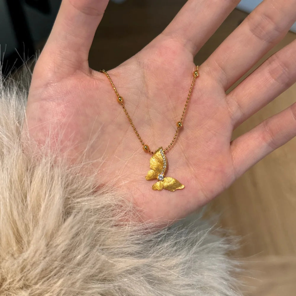 Silver Zircon Round Cut Butterfly Beaded Necklace