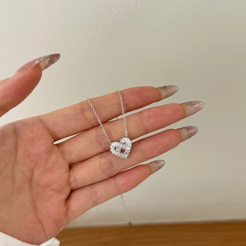 Silver Zircon Baguette Cut Iced Heart Pendant Necklace