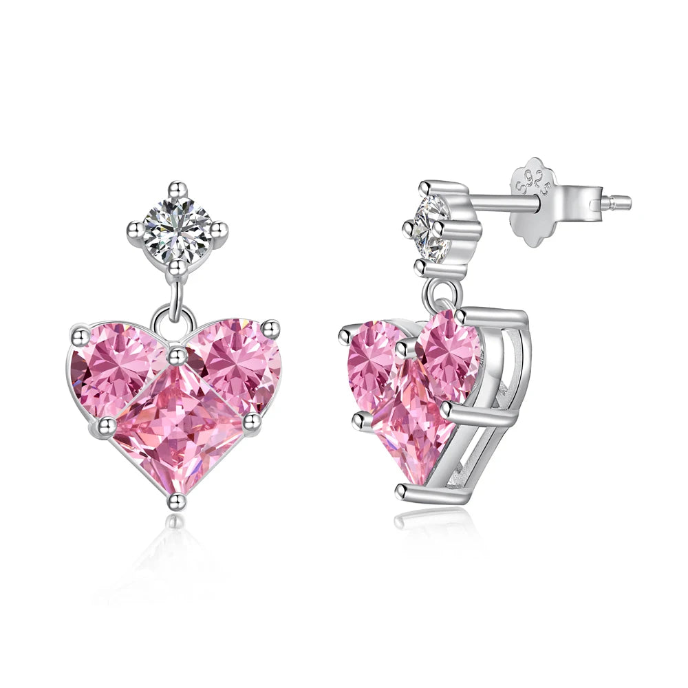 Silver Zircon Princess Cut Heart Drop Earrings