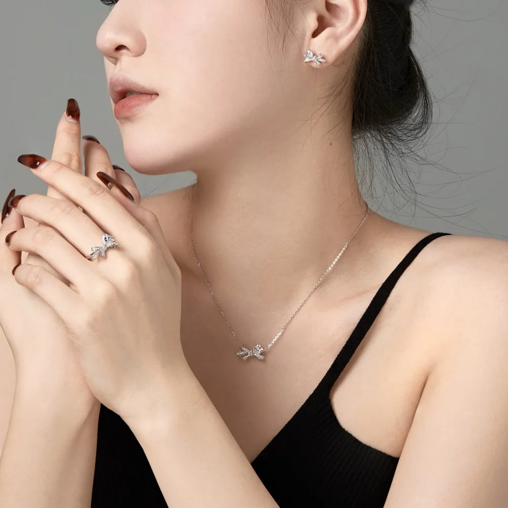 Silver Zircon Heart Cut Bow Knot Pendant Necklace