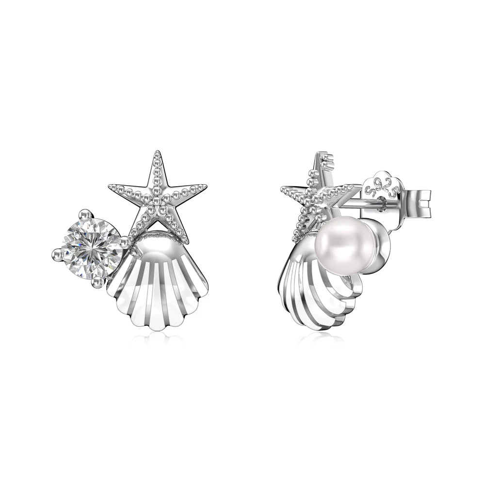 Silver Zircon Round Cut Shell Ear Studs