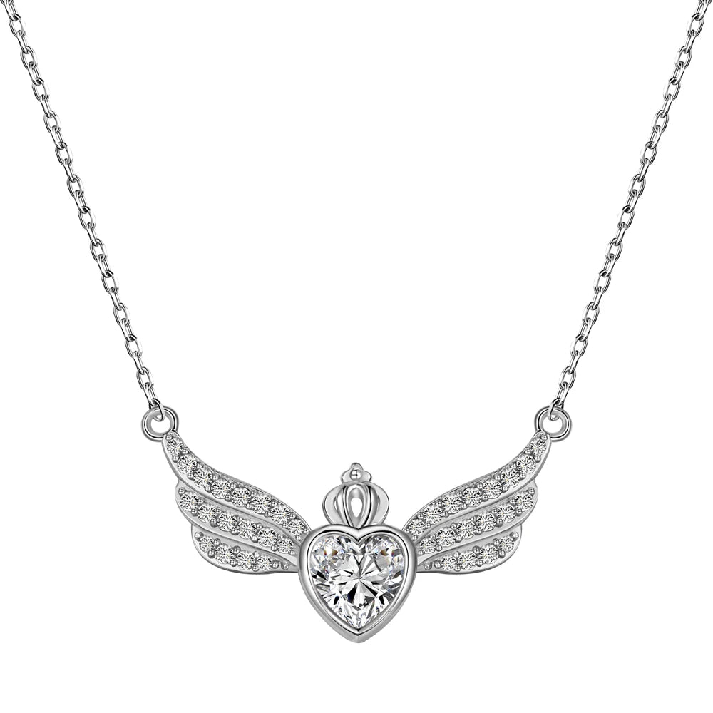 Silver Zircon Heart Cut Crown Wings Bar Necklace