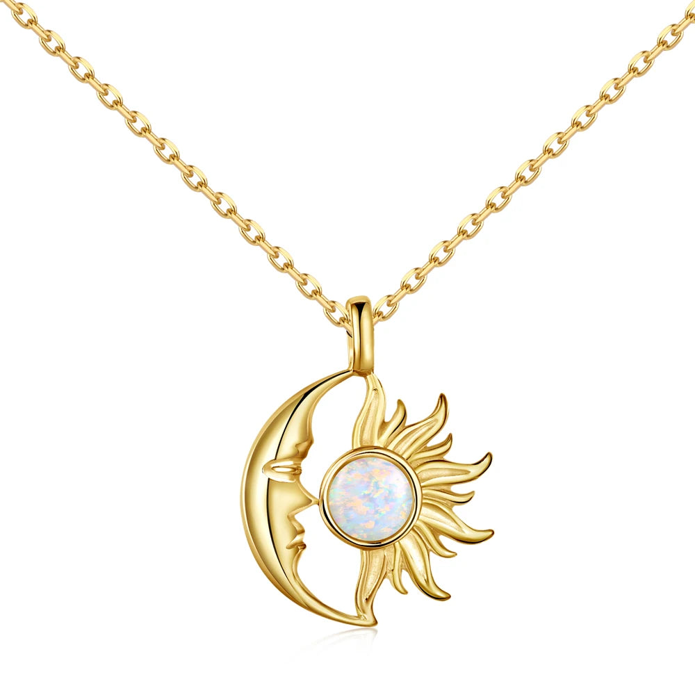 Silver Opal Round Cut Crescent Sunshine Pendant Necklace