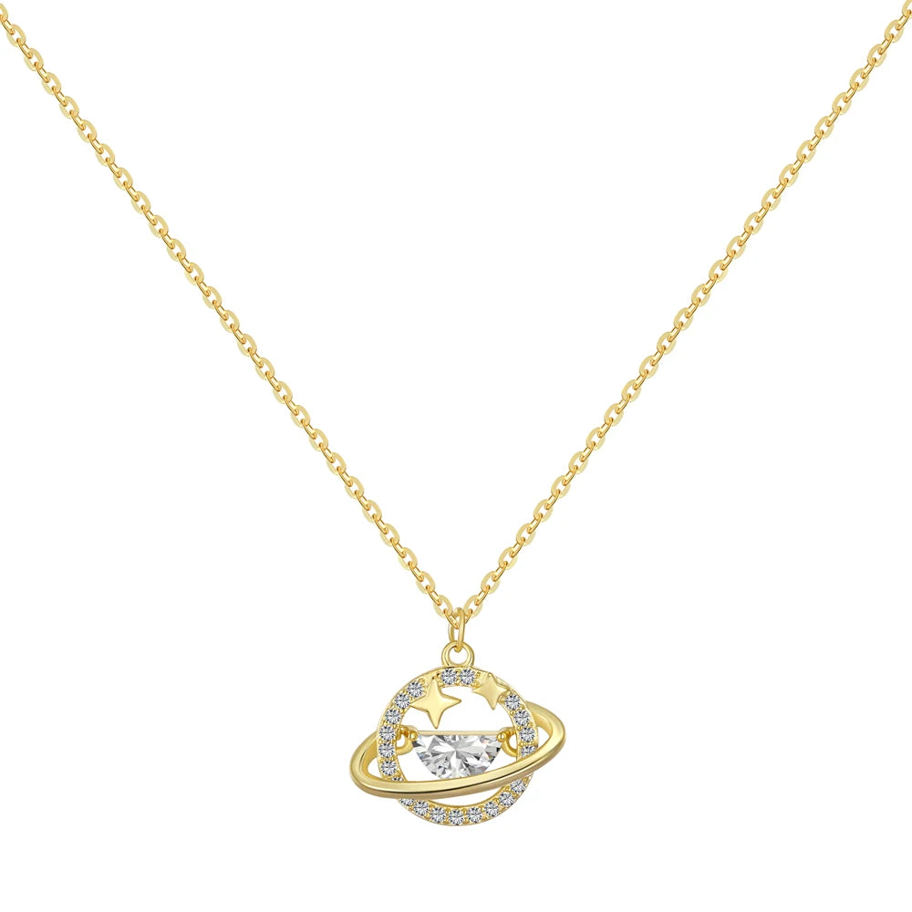 Silver Zircon Half Moon Cut Planet Pendant Necklace