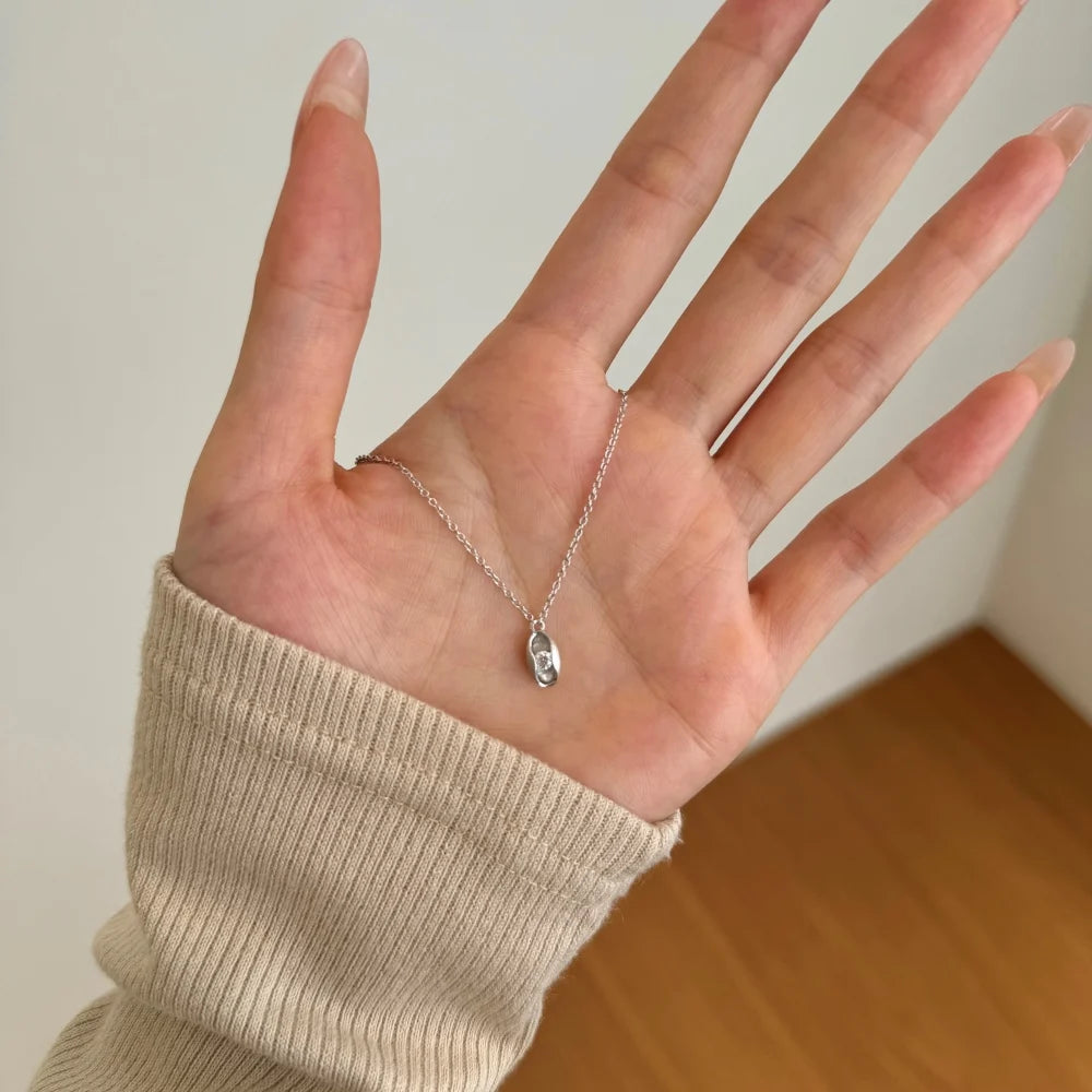 Silver Zircon Round Cut Oval Pendant Necklace