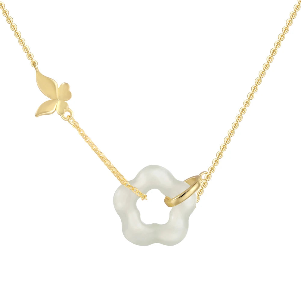 Silver Jade Cut Flower Pendant Necklace