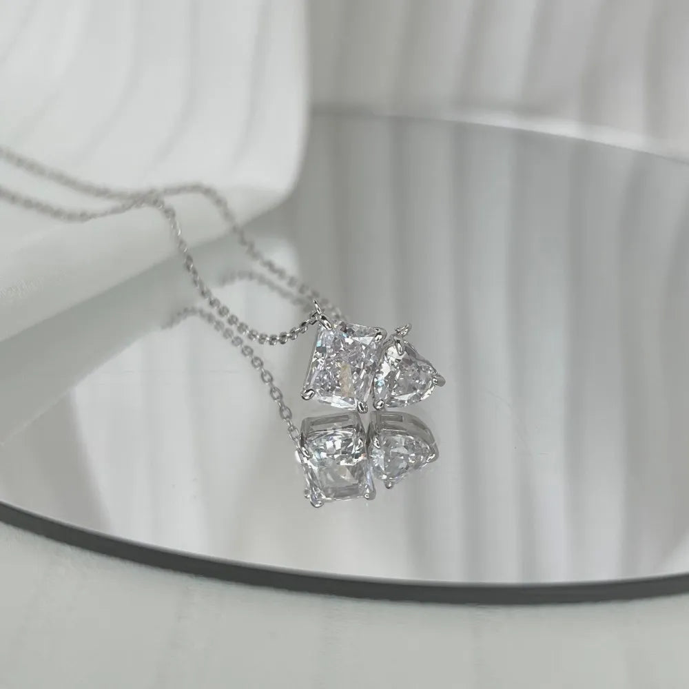 Silver Zircon Radiant Cut Toi Et Moi Pendant Necklace