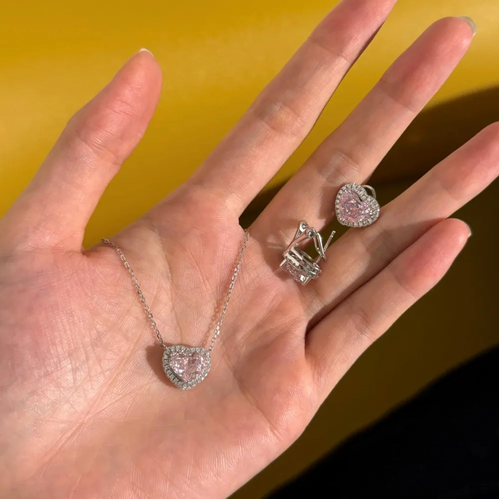 Silver Zircon Heart Cut Inlaid Halo Pendant Necklace