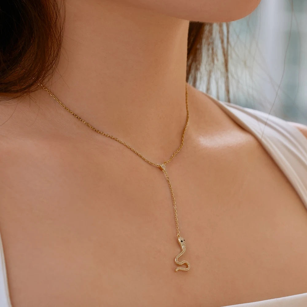 Silver Zircon Round Cut Tassel Snake Pendant Necklace