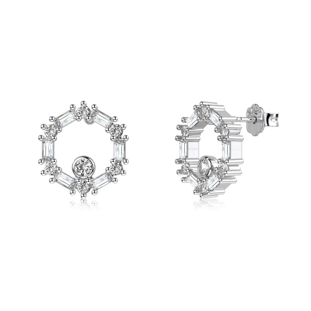 Silver Zircon Baguette Cut Multi Shape Hollow Disc Ear Studs