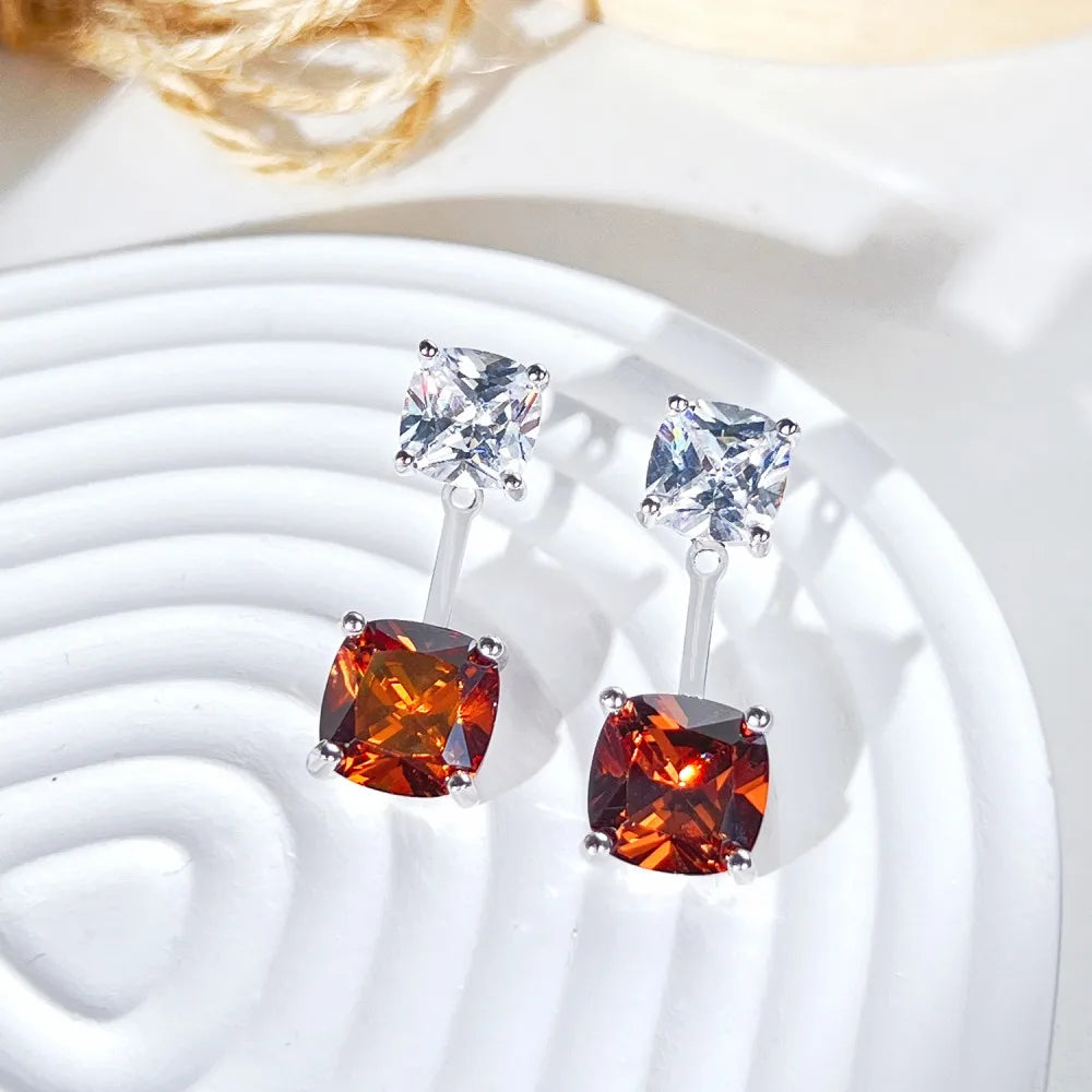 Silver Zircon Cushion Square Cut Stacked Ear Studs