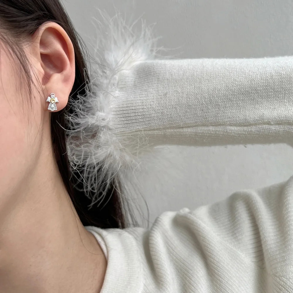 Silver Zircon Round Cut Angel Ear Studs