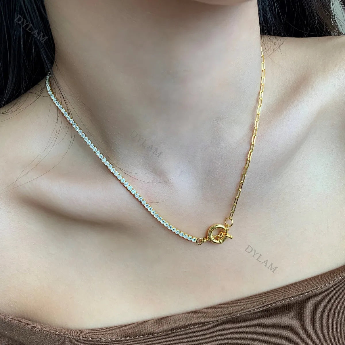 Silver Zircon Round Cut Chain Ring Link Tennis Necklace
