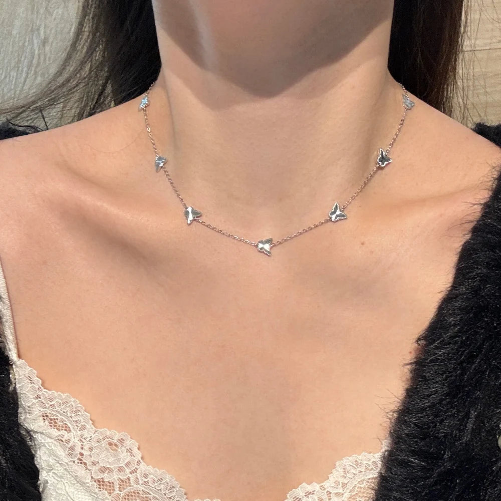 Silver Brushed Layered Butterfly Chain Necklace