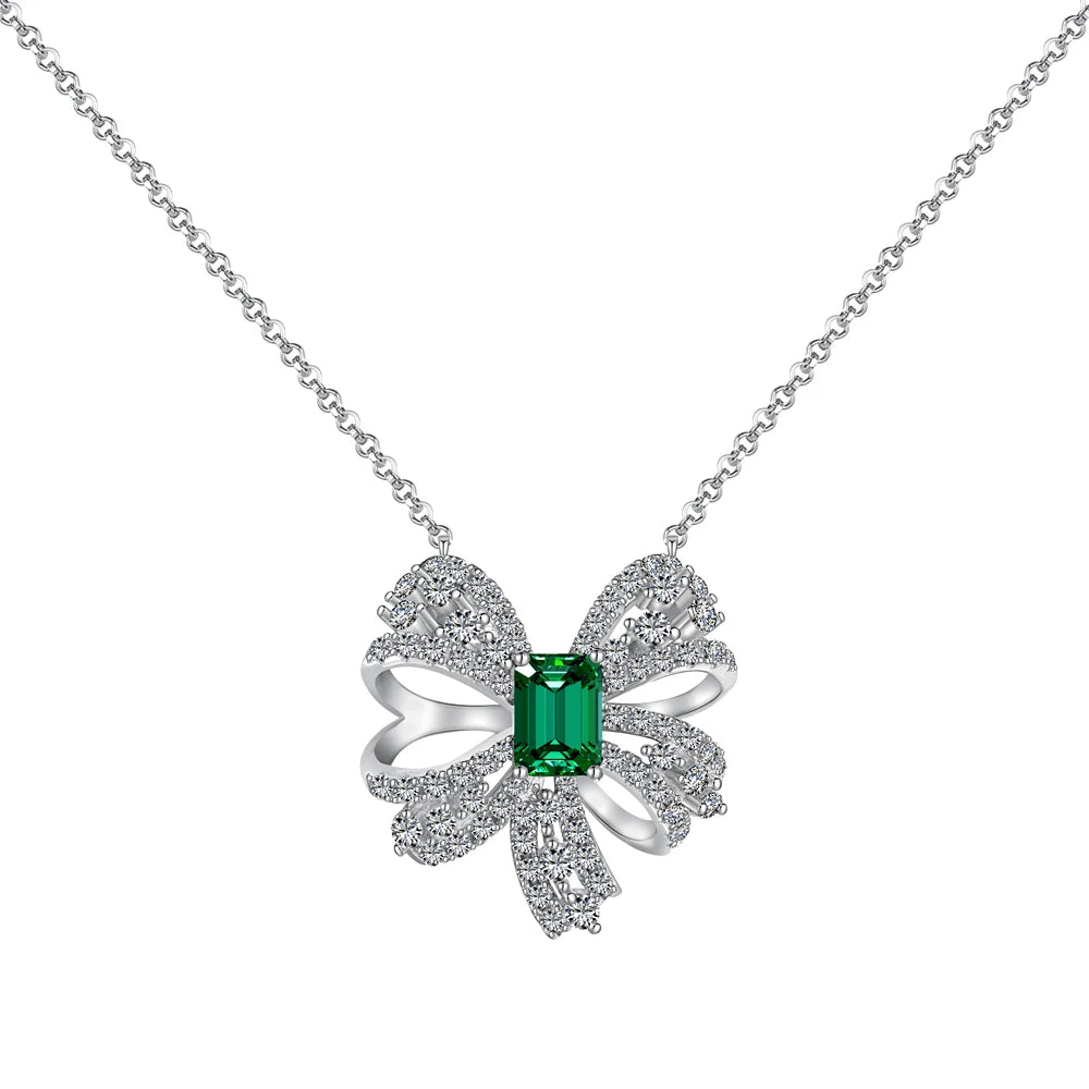 Silver Zircon Emerald Cut Inlaid Bow Knot Pendant Necklace