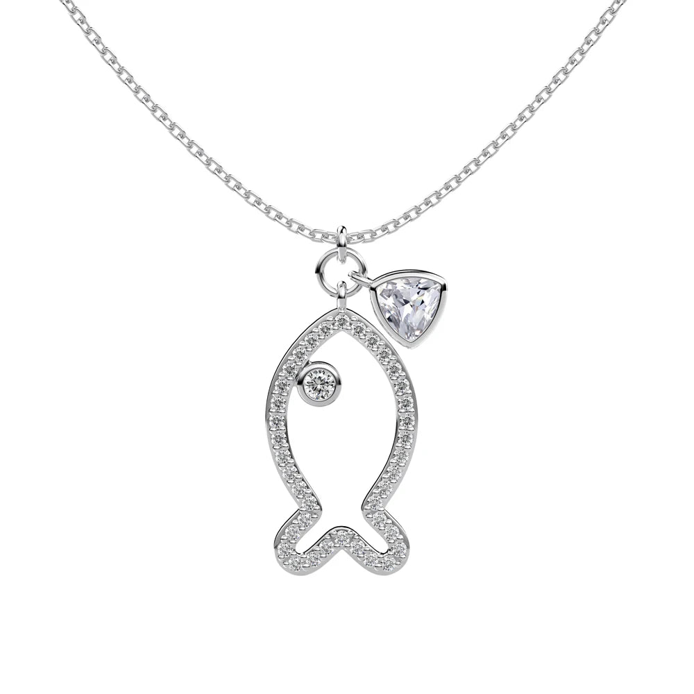 Silver Zircon Trillion Curved Cut Fish Pendant Necklace