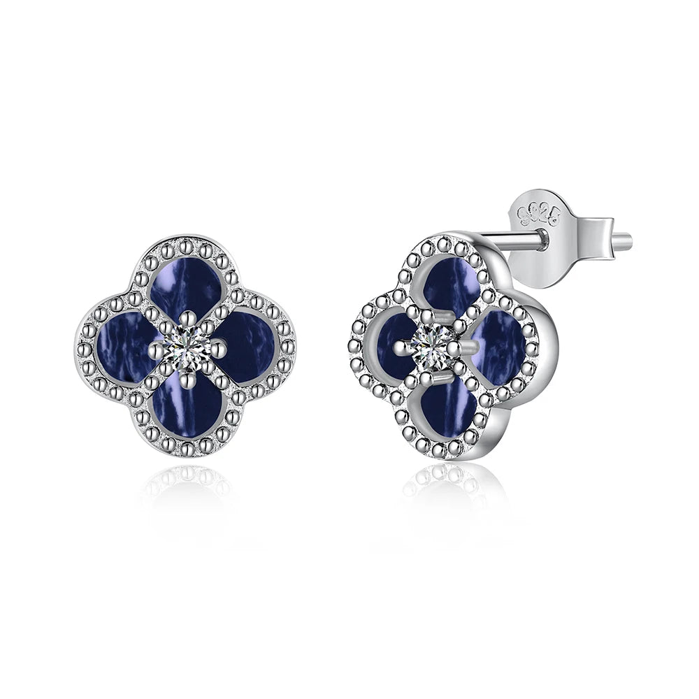 Silver Zircon Round Cut Clover Ear Studs