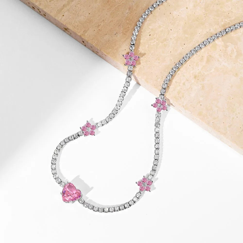 Silver Zircon Heart Cut Flower Tennis Necklace