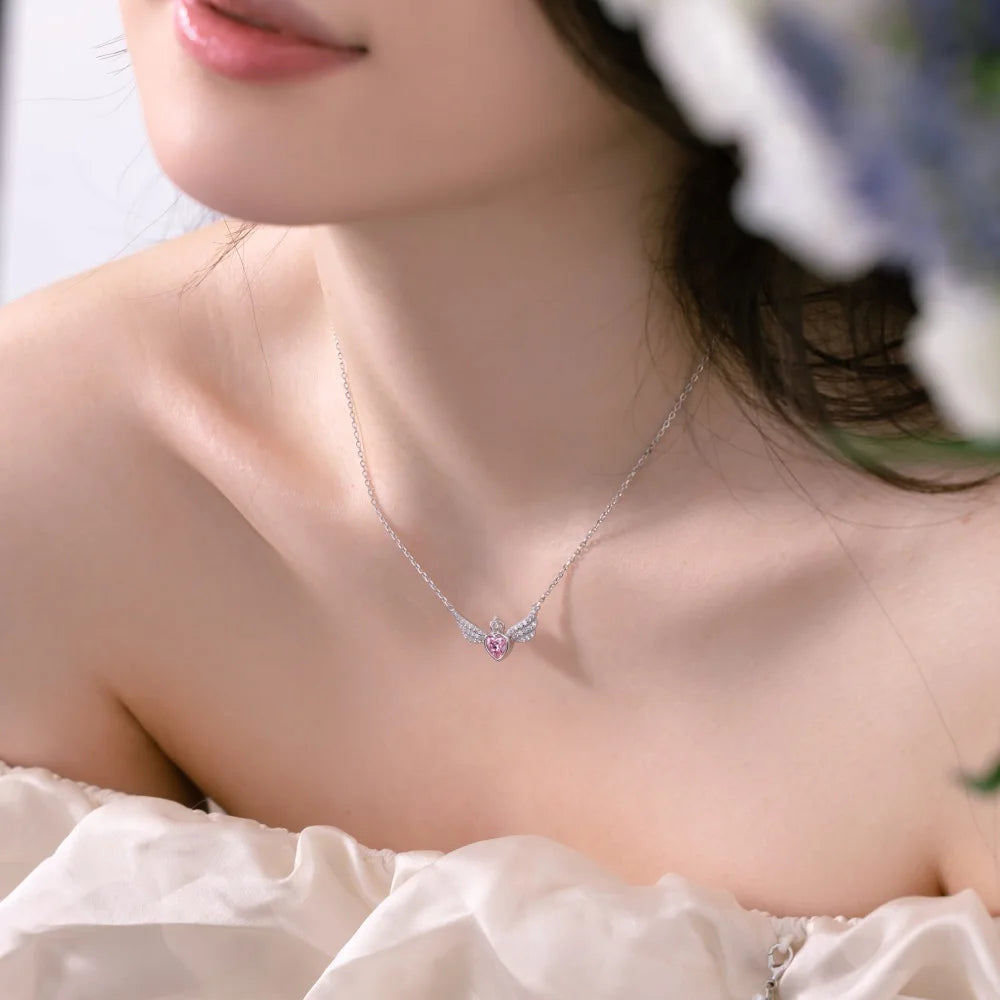 Silver Zircon Heart Cut Crown Wings Bar Necklace