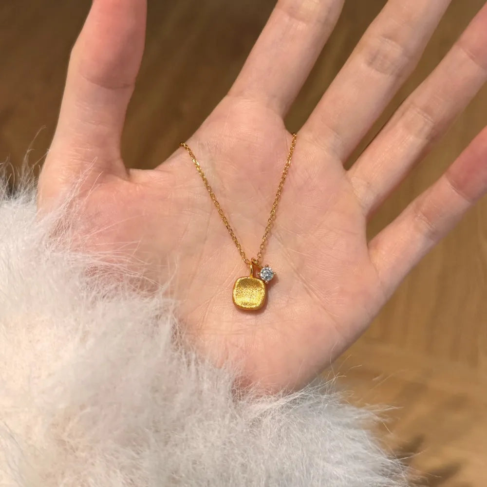 Silver Zircon Round Cut Block Pendant Necklace