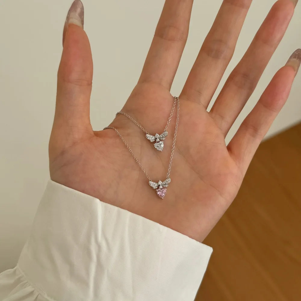 Silver Zircon Heart Cut Bee Pendant Necklace