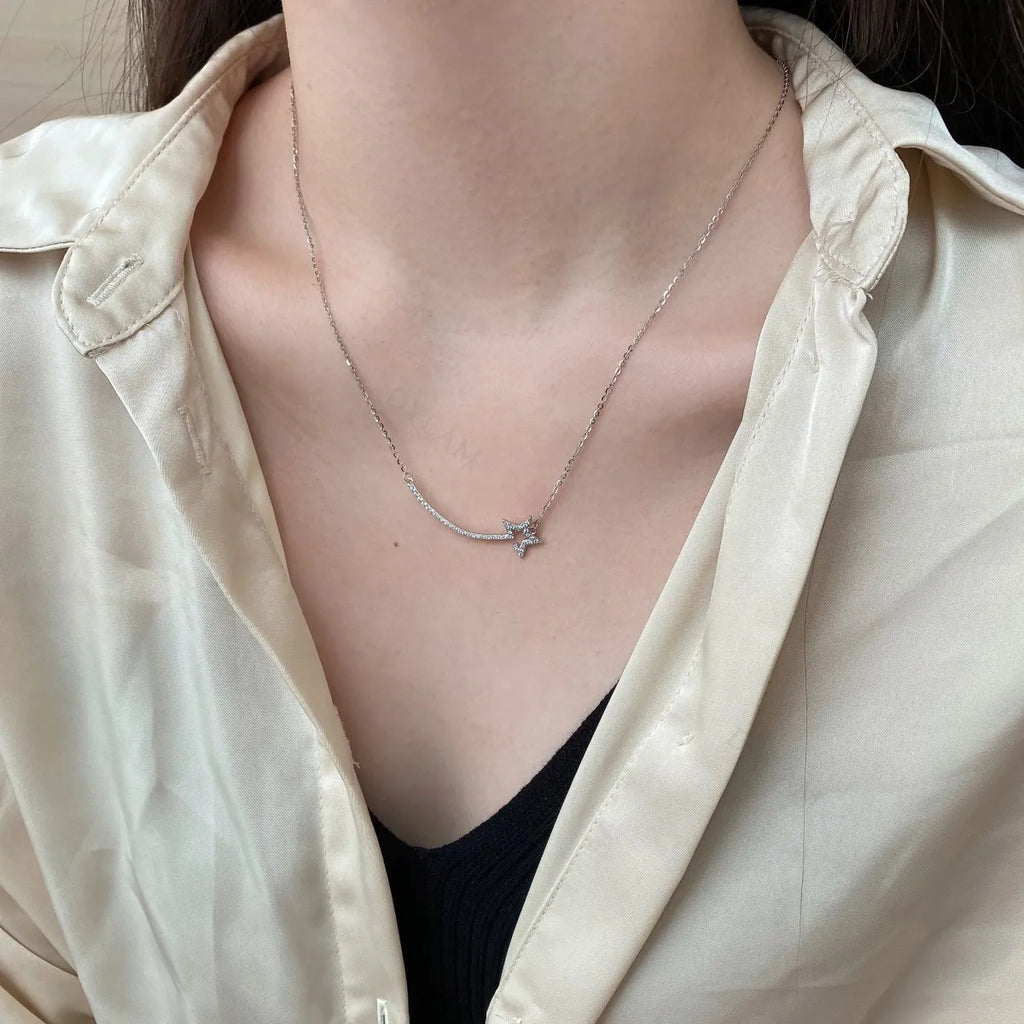 Silver Zircon Round Cut Star Bar Necklace