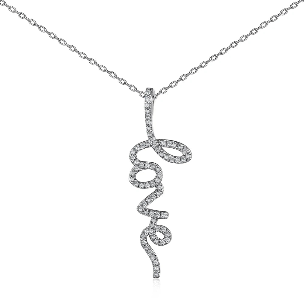 Silver Zircon Round Cut Inlaid Love Bar Necklace