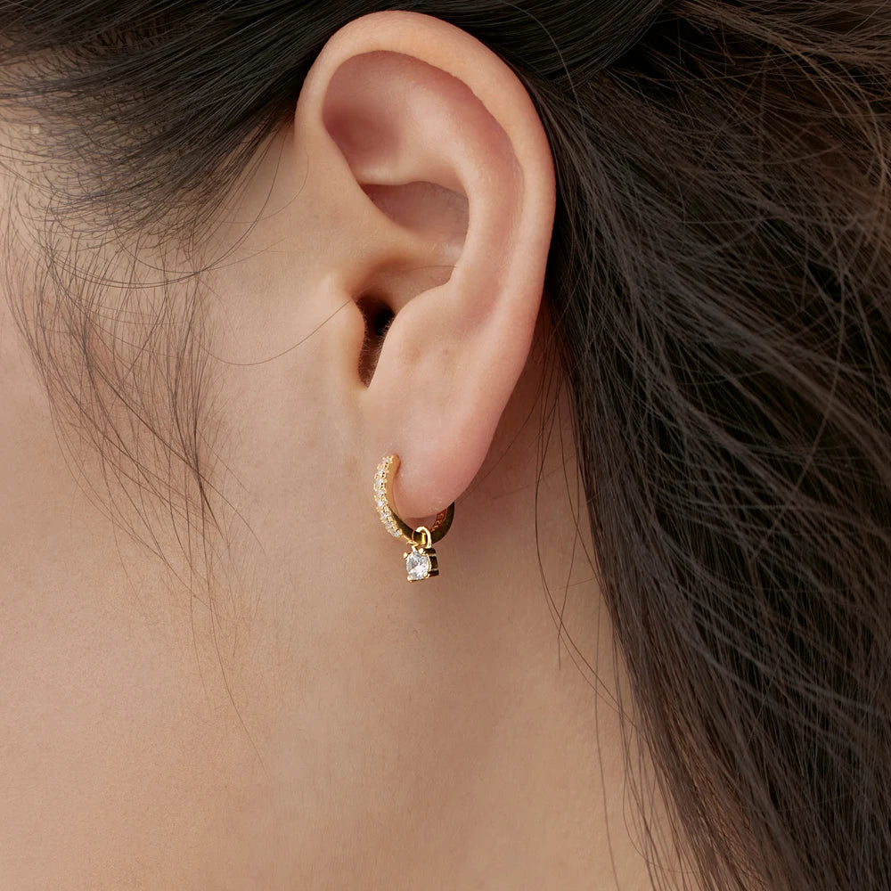 Silver Zircon Round Cut Drop Ear Hoops