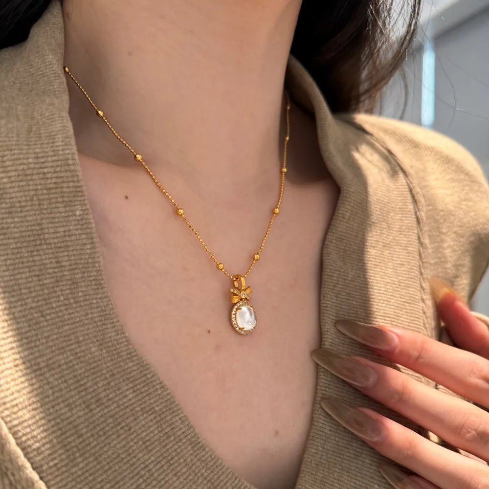 Silver Jade Cut Bow Knot Pendant Necklace