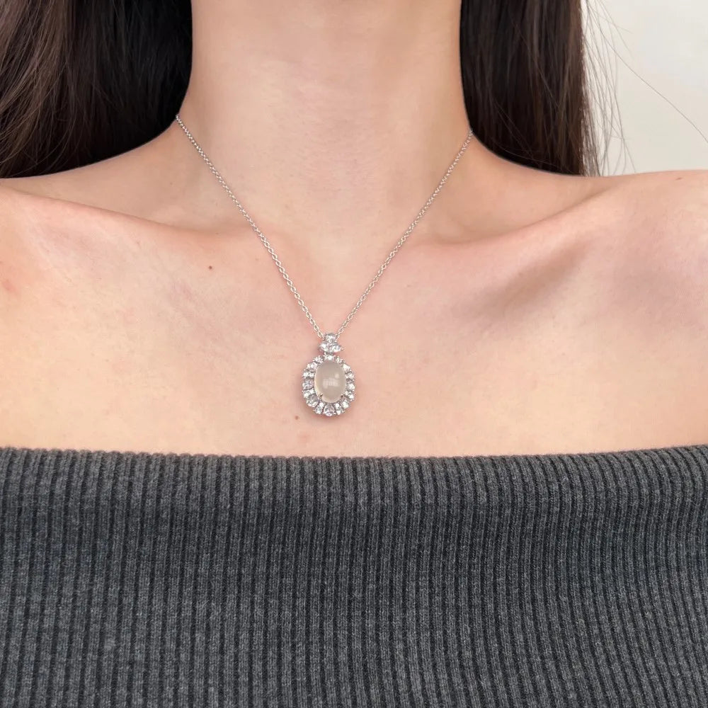 Silver Chalcedony Oval Cut Halo Flower Pendant Necklace