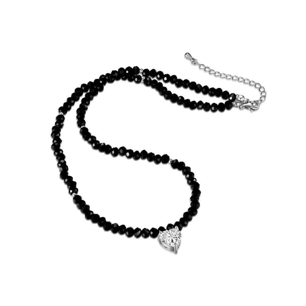 Silver Zircon Heart Cut Double Layer Beaded Necklace
